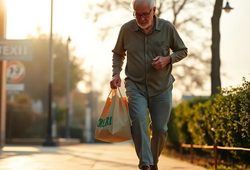 Older man carrying grocery bags while walking, illustrating a possible early sign of muscle loss after 50.