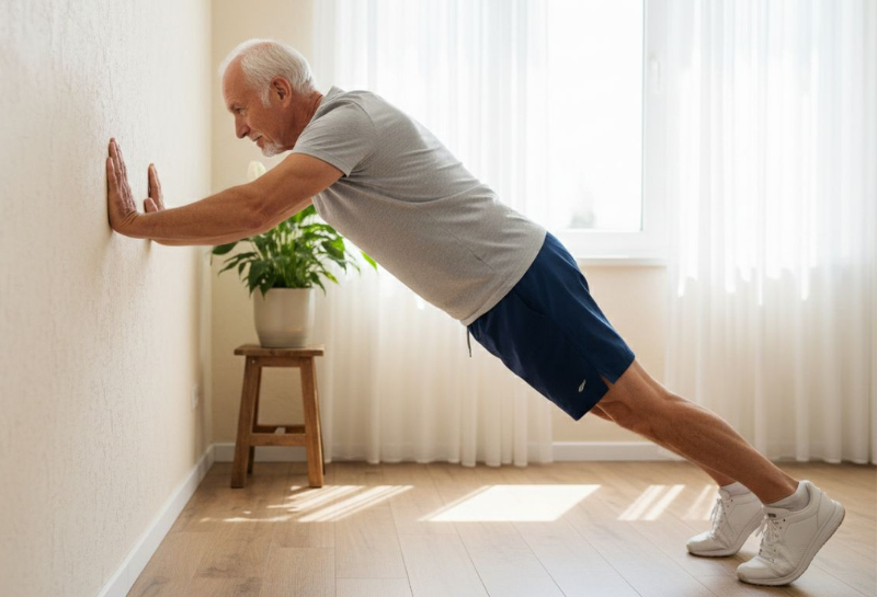 Man over 60 doing wall push-ups at home to build upper-body strength and prevent muscle loss.