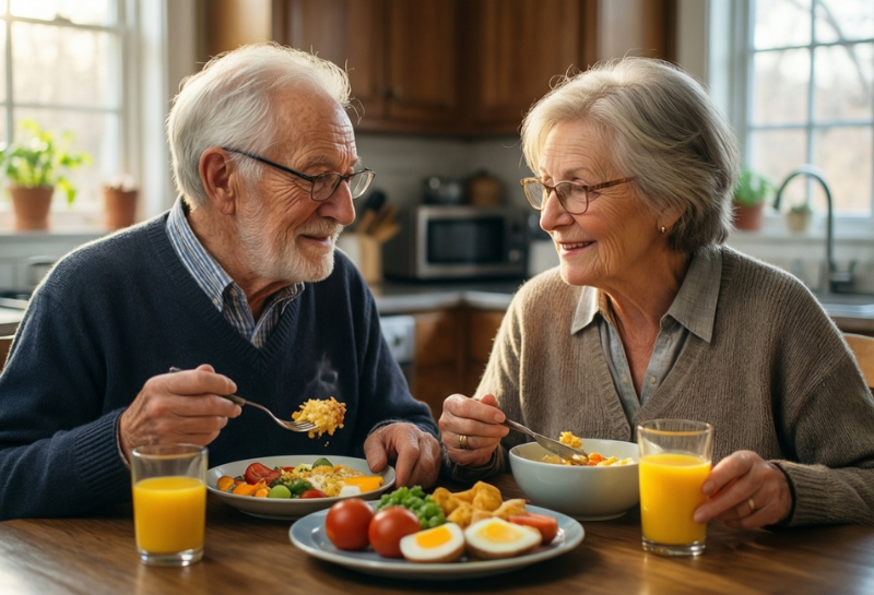 Healthy foods to prevent muscle loss after 50 including eggs, vegetables, and balanced nutrition for older adults.