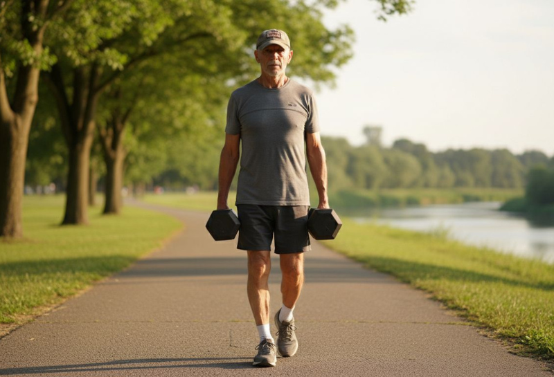 Man over 60 performing farmer’s carry with dumbbells outdoors to build grip strength and maintain muscle.