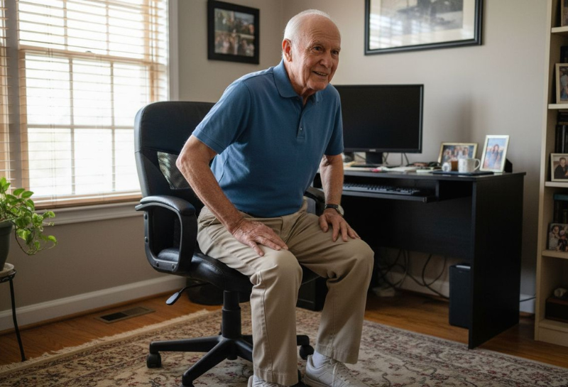 Older man performing a sit-to-stand exercise from a chair at home to maintain leg strength and independence.